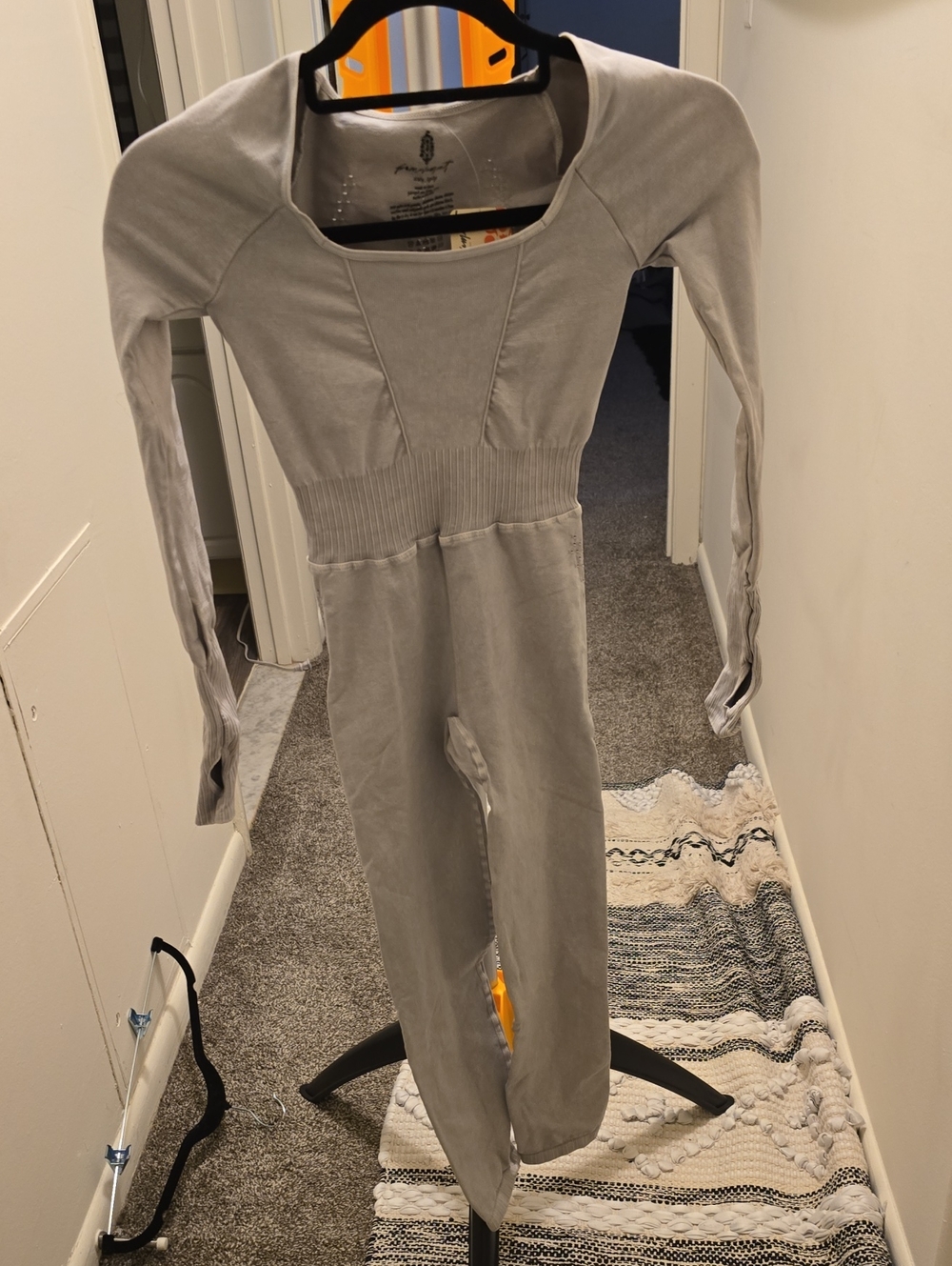 NWT Free People Gray Long-Sleeve Ribbed-Waist Jumpsuit